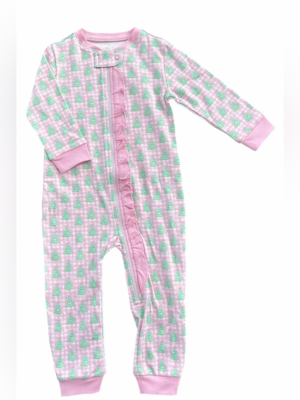 JAMES & LOTTIE Pink Gingham Christmas Tree Zip Up Ruffle Jammie’s - 12M